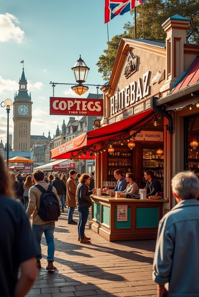 A fair with a corner coffee shop that uses one side of it as an area to take memorable photos for customers. Focus on the area of photography and realistic photography. Photos are taken with professional equipment and there is a dedicated background on the side wall of the coffee stand..
