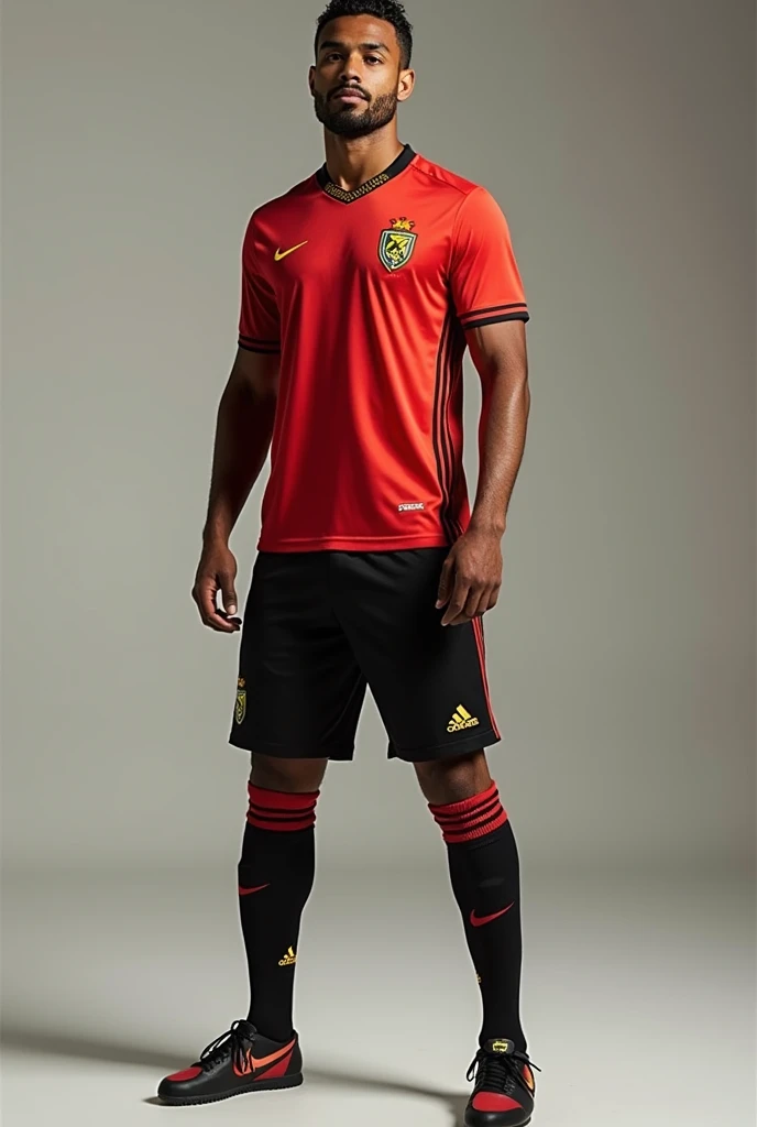 faça um uniforme de time de futebol ⚽ com as seguintes cores 1°preto 2°vermelho 3°dourado, the team is brazilian