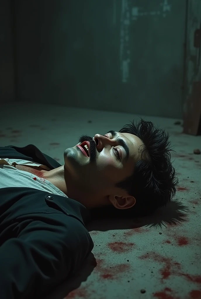 Do an image about a man with a squared moustache dead with a headshot