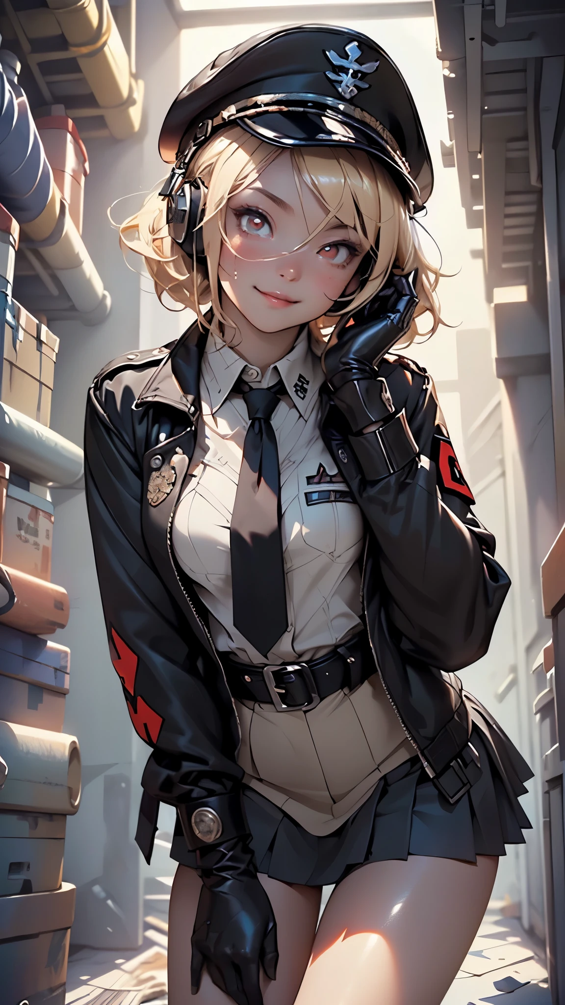 1girl,15 years old

(small breasts:1.4),((((blonde hair,short hair)))),(((red_eyes:1.3))),((tsurime)),intricate eyes,beautiful detailed eyes,symmetrical eyes,big eyes:1.5,((((lustrous skin:1.5,tanned skin,bright skin: 1.5,skin tanned,shiny skin,very shiny skin,shiny body,Reflective skin)))),(bimbo,spider lower abdomen,narrow waist,wide hip,athletic body,inflated legs,thick thighs,(detailed face)),beautiful detailed lips,(((scar on cheek))),(perfect slim body),

cute,slutty,sensual,seductive look,seductive,((erotic)),opulent,sumptuous,((nsfw)),

(black belt),(black gloves,gloves),(cross,iron cross),(black epaulettes),(hat,peaked cap,headphones:1.3,headphones over headwear),((throat microphone)),(military uniform,uniform,nazi,reichsadler,totenkopf, waffen-ss,german army,swastika),((microskirt,skirt,black skirt,pleated skirt)),(protector gear),((black jacket)),(black necktie,black shirt,collared shirt),((bare legs)),

(flirtatious pose:1.3), looking at viewer,smile,centered,scale to fit dimensions,Rule of thirds,

indoor((Nazi bunker,room, dark bunker, swastika,depths of a steampunk bunker)),scenery:1.25,((intricate scenery)),

(Glossy steampunk ornaments),highres,sharp focus,(ultra detailed,extremely detailed),(photorealistic artwork:1.37),(extremely detailed CG unity 8k wallpaper),(((vibrant colors,vibrant theme))),(intricate),(masterpiece),(best quality),artistic photography,(photography taken by sldr),(intricate background),perfect rendered face,perfect face details,realistic face,photo realistic,((intricate detail)),(((realism))),

