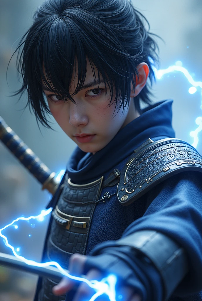 Create an image of the character Jin sakai, From the video game "Ghost Of Tsushima", wearing his all-black heavy samurai armor, Jin sakai is a young man, so he doesn&#39;t have a beard, not to mention he doesn&#39;t wear a long samurai haircut, but yes, a fringe divided in the middle and voluminous, jin sakai has electrical powers, the color of the rays are yellow, jin also uses a katana, he has asian eyes, HE DOESN&#39;T HAVE LONG HAIR, BUT IT HAS A FRINGE DIVIDED IN THE MIDDLE, AND HE DOESN&#39;T HAVE A BEARD