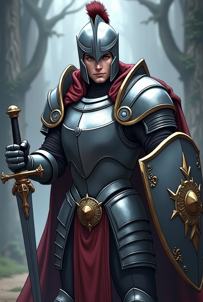 Anime style 25 years old male dark fantasy paladin with a determined expression, wearing detailed shiny silver heavy armor and brandishing a sword in a hand and a large shield in the other, he wear a helmet