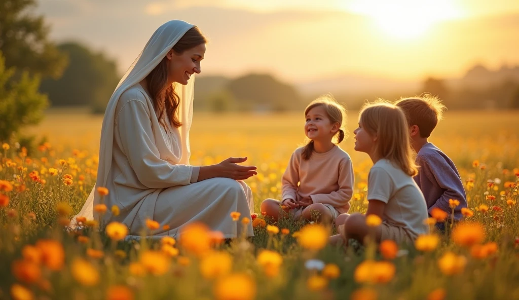  Mary sitting in a field, surrounded by children, teaching them with kindness and patience. The scenery is sunny, full of colorful flowers, transmitting joy and love