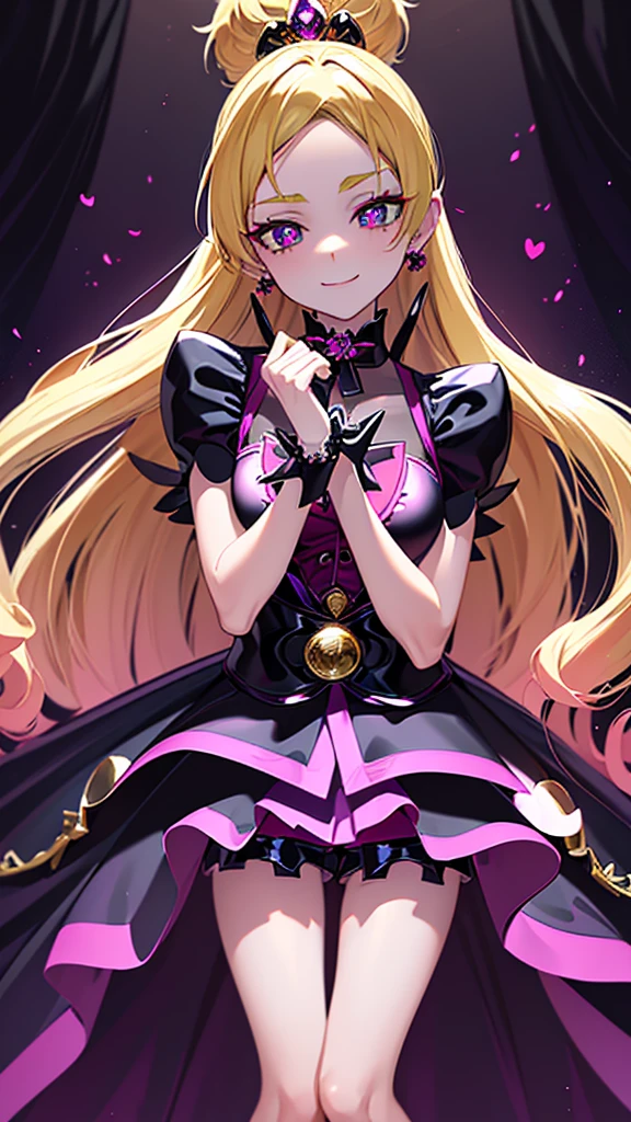 best quality, ultra detailed,1girl, solo, cure flora, (blonde hair), black skirt with frills, black tiara, wrist cuffs, purple shorts, black dress, boots, medium breast, TwilightBelt, black enamel boots, evil smile, (shiny fabric:1.5), full body shot, purple gem, seductive pose, blush, demon tail, (beautiful detailed eyes:1.6), extremely detailed face, perfect lighting, extremely detailed CG, (perfect hands, perfect anatomy), devil tail, red and black color scheme, shiny material, smirks, black ribbon, black satin gloves, bat wings ornament, black frills, jewelry, corruption, latex shine, black gothic cloak, velvet curtain in the background, black rose ornament, purple mesh