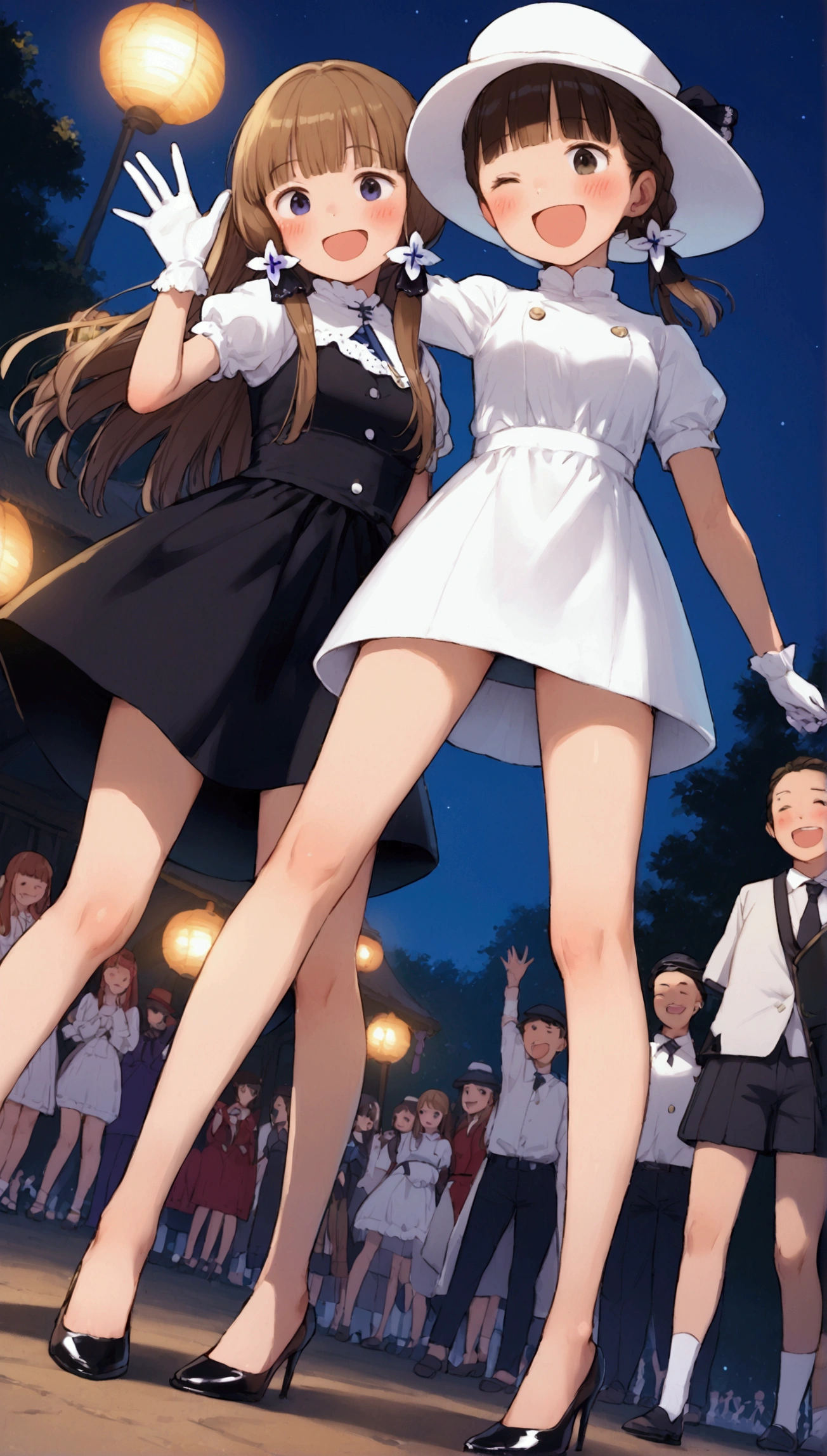{Highest quality}, {Super beautiful},{Ultra fine},{Best illustration},Brown Hair,Hime cut,long hair,Braid,One woman,Standing Woman,Strike a pose, women,smile,Excited face,Wink,Uniform cap,White Shirt,Short sleeve,long black skirt,White gloves,Nightstival,Blushing,Slender,Black stiletto heels,barefoot,From an angle,From below,Woman with closed legs,Waving with both hands