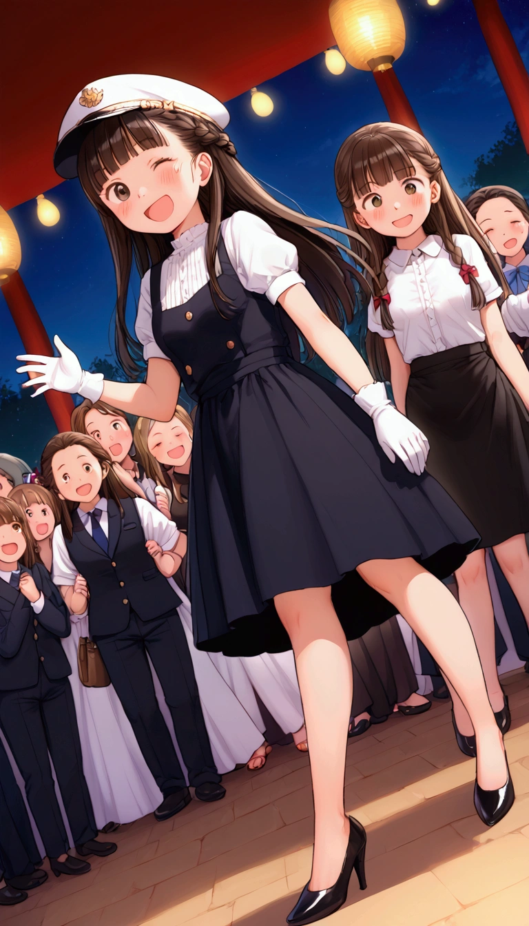 {Highest quality}, {Super beautiful},{Ultra fine},{Best illustration},Brown Hair,Hime cut,long hair,Braid,One woman,Standing Woman,Strike a pose,Adult women,smile,Excited face,Wink,Uniform cap,White Shirt,Short sleeve,long black skirt,White gloves,Night Festival,Blushing,Slender,Black stiletto heels,barefoot,From an angle,From below,Woman with closed legs,Waving with both hands