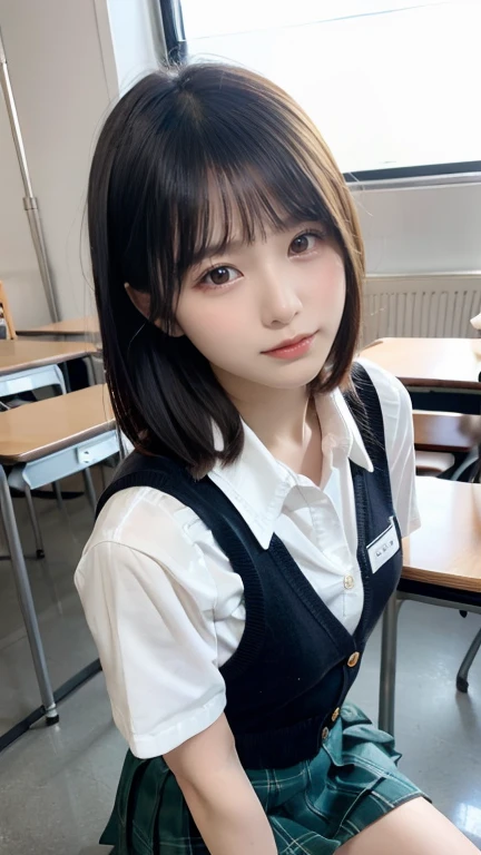 masterpiece, Highest quality, figure, Very detailed, The finer details, High resolution, 8k,wallpaper, Perfect dynamic composition,(Detailed high quality, Realistic depiction of eyes:1.3), High school classroom、Schoolgirl uniform、cardigan、Super Short Check Uniform Skirt、White knee-high socks、Disheveled uniform、Short Bob Hair, Black hair color, Big Natural Color Lip, Bold sexy pose, (Perfect figure), Crying a little、Harajuku Style、20-year-old girl、Cute type, Beautiful feet, Gravure idol pose, Voluptuous
