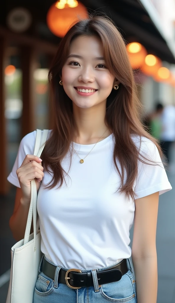 Tabletop、Highest quality、Genuine、Very detailed、finely、High resolution、8k wallpaper、One beautiful woman、light brown disheveled hair、Sharp focus、Perfect dynamic composition、Beautiful and detailed、Thinning hair、詳細なGenuineな肌の質感、smile、Close-up portrait、Model body type、smile、29-year-old Japanese woman、White short-sleeved T-shirt、jeans、Black shiny patent leather belt、necklace,White Tote Bag,Straight Long Hair, Center of chest, Natural color lip, Random sexy poses,In front of a cafe near Tokyo Station,The whole body is shown from the front,Anatomically correct body,