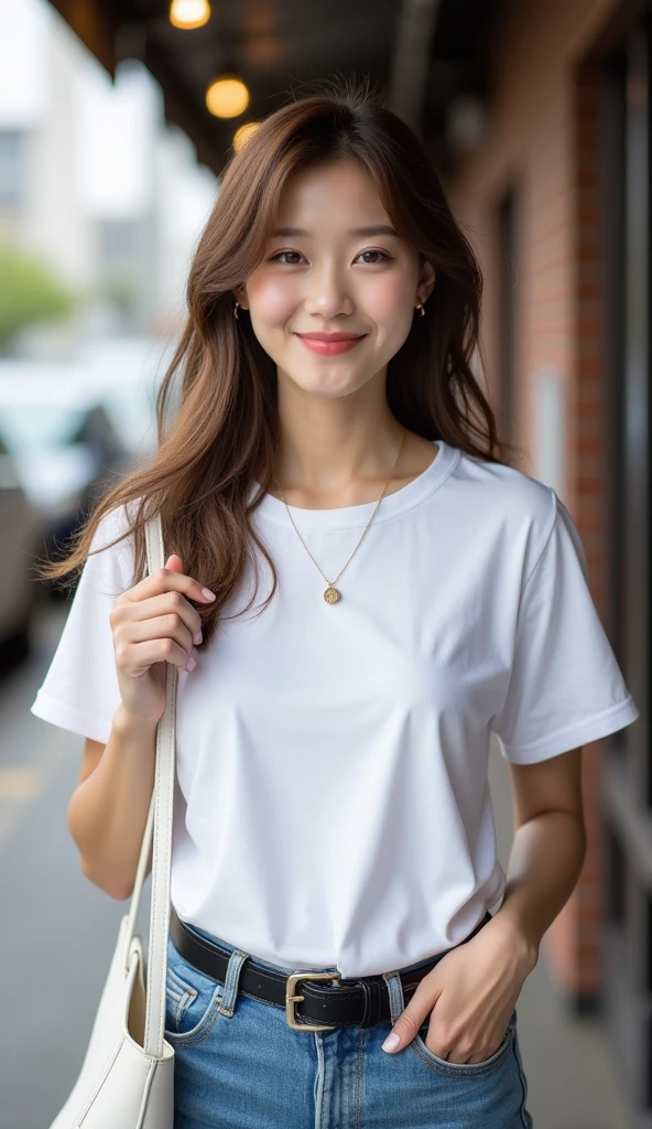 Tabletop、Highest quality、Genuine、Very detailed、finely、High resolution、8k wallpaper、One beautiful woman、light brown disheveled hair、Sharp focus、Perfect dynamic composition、Beautiful and detailed、Thinning hair、詳細なGenuineな肌の質感、smile、Close-up portrait、Model body type、smile、29-year-old Japanese woman、White short-sleeved T-shirt、jeans、Black shiny patent leather belt、necklace,White Tote Bag,Straight Long Hair, Center of chest, Natural color lip, Random sexy poses,In front of a cafe near Tokyo Station,The whole body is shown from the front,Anatomically correct body,