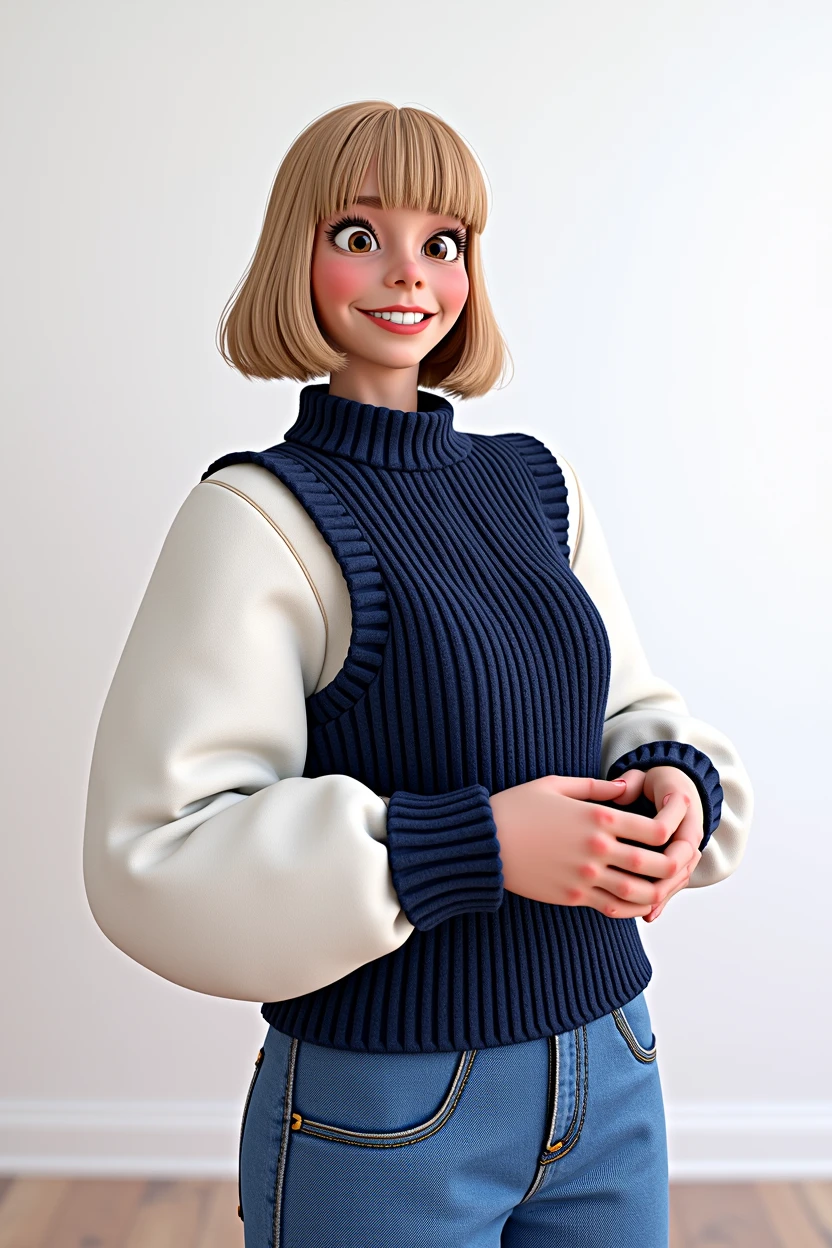 cartoon character, blonde bob hair with bangs, white sleeve shirt, with navy blue vest, animation character, stylized character, animation style rendering, 3d stylized, Arnold Maya rendering, Stylized 3D rendering, toon render screenshot, 3d character, 3d character, Stylized 3D rendering, 3D character rendering, cartoon character, Personagem de close up, character posing,  (Pixar-style) (master part:1.2) (bokeh) (best qualityer) (skin detailed) (detailed texture) (8k) (Argilla) (cinematic lighting) (sharp focus