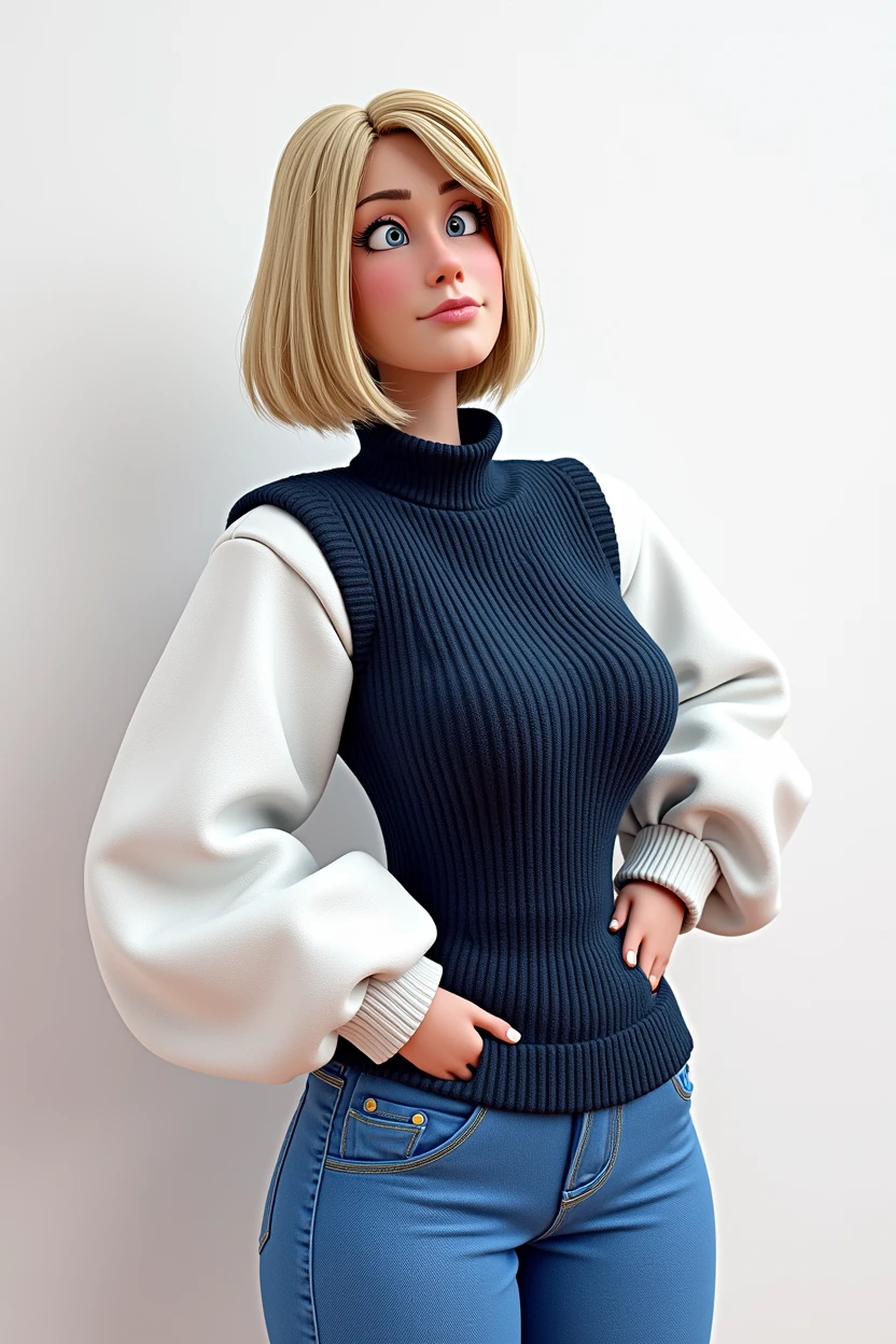 cartoon character, blonde bob hair with bangs, white sleeve shirt, with navy blue vest, animation character, stylized character, animation style rendering, 3d stylized, Arnold Maya rendering, Stylized 3D rendering, toon render screenshot, 3d character, 3d character, Stylized 3D rendering, 3D character rendering, cartoon character, Personagem de close up, character posing, (Pixar-style) (master part:1.2) (bokeh) (best qualityer) (skin detailed) (detailed texture) (8k) (Argilla) (cinematic lighting) (sharp focus