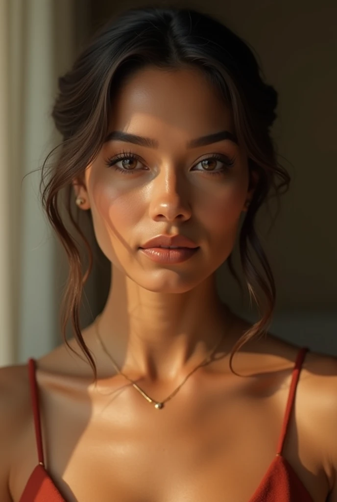 a beautiful mexican woman, full body shot, elegant dress, natural lighting, close-up of chest, calm expression, inner peace, outer charm, detailed face, high quality, photorealistic, 8k, intricate details, warm color tones, diffused lighting, cinematic, portrait