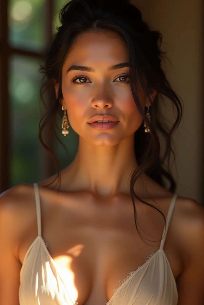 a beautiful mexican woman, full body shot, elegant dress, natural lighting, close-up of chest, calm expression, inner peace, outer charm, detailed face, high quality, photorealistic, 8k, intricate details, warm color tones, diffused lighting, cinematic, portrait