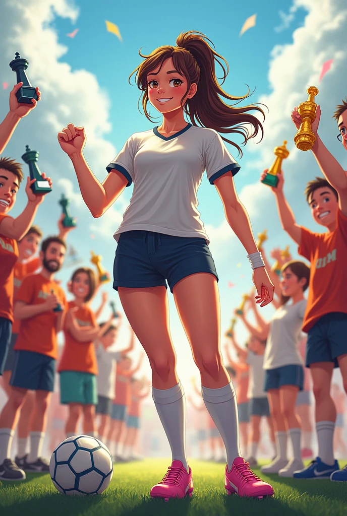 a brown woman, long wavy brown hair tied in a topknot, one meter and 60, more or less 65 kg, shorts number 7, number 7 shirt, high socks, pink soccer cleats, white band on the left wrist, with a soccer ball, a chessboard and lots of first place medals around his neck and trophies, vibrating alongside your fans