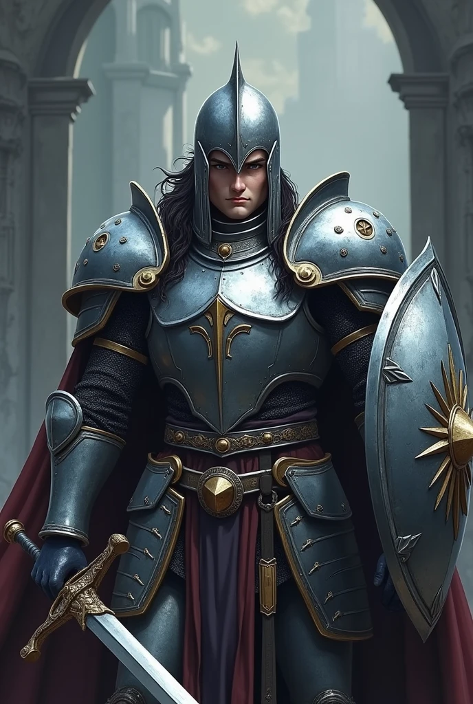 Anime style 25 years old male dark fantasy paladin with a determined expression, wearing detailed shiny silver heavy armor and brandishing a sword in a hand and a large shield in the other, he wear a helmet