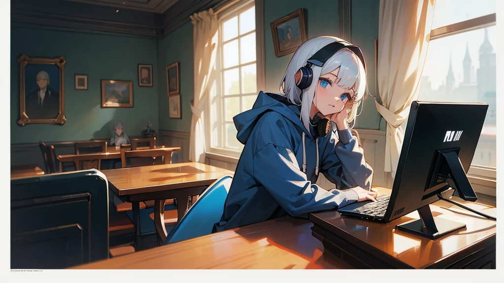 Best quaility, masterpiece, 4k, at night, A girl with white hair with blue eyes and around middle school age was wearing a hoodie, cheek cane, she wears a headset, she is facing the PC and not facing me, so I can't see her face, she is in a cafe which has sunlight shining in the building, working on something on her note PC