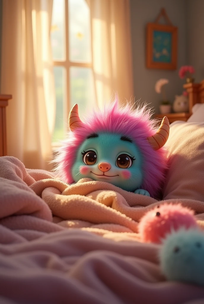 Give me a very cute monster in a bed