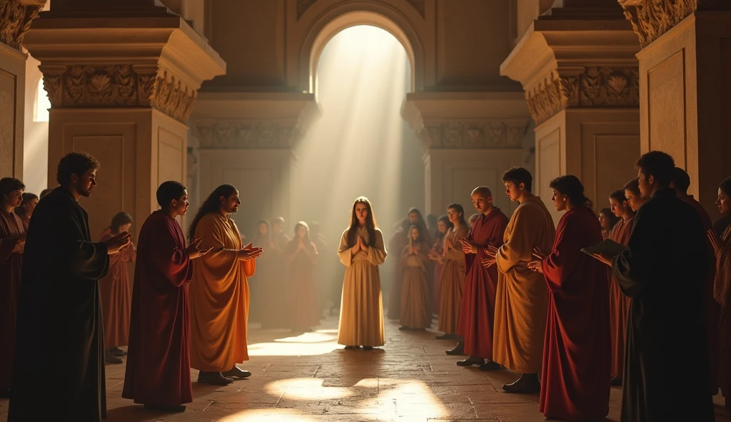 A scene of young Mary in the temple, listening and learning from the wise. The environment is rich in architectural details, with natural light coming in through the windows, symbolizing wisdom and the search for knowledge.