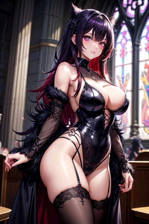 A woman in lingerie standing in a church., seductive anime girl, seductive pose, violet eyes, dark purple eyes, Beautiful gothic anime girl, dark lighting, detailed digital anime art,gothic anime girl, Extremely detailed eyes, black fur, goth anime girl with black fur, black fur with red highlights, smug expression, dark red highlights in hair, neckline, beautiful anime girl, beautiful and seductive anime woman, extremely detailed artistic germ, guweiz, beautiful anime woman, Guweiz and Artstation Pixiv, beautiful anime illustrations, detailed anime art, Guweiz and Pixiv Artstation, beautiful animated portrait, Detailed hands, medium length hair with red highlights, Hair collected, detailed face, two arms