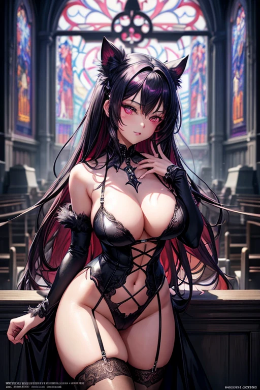 A woman in lingerie standing in a church., seductive anime girl, seductive pose, violet eyes, dark purple eyes, Beautiful gothic anime girl, dark lighting, detailed digital anime art,gothic anime girl, Extremely detailed eyes, black fur, goth anime girl with black fur, black fur with red highlights, smug expression, dark red highlights in hair, neckline, beautiful anime girl, beautiful and seductive anime woman, extremely detailed artistic germ, guweiz, beautiful anime woman, Guweiz and Artstation Pixiv, beautiful anime illustrations, detailed anime art, Guweiz and Pixiv Artstation, beautiful animated portrait, Detailed hands, medium length hair with red highlights, Hair collected, detailed face, two arms