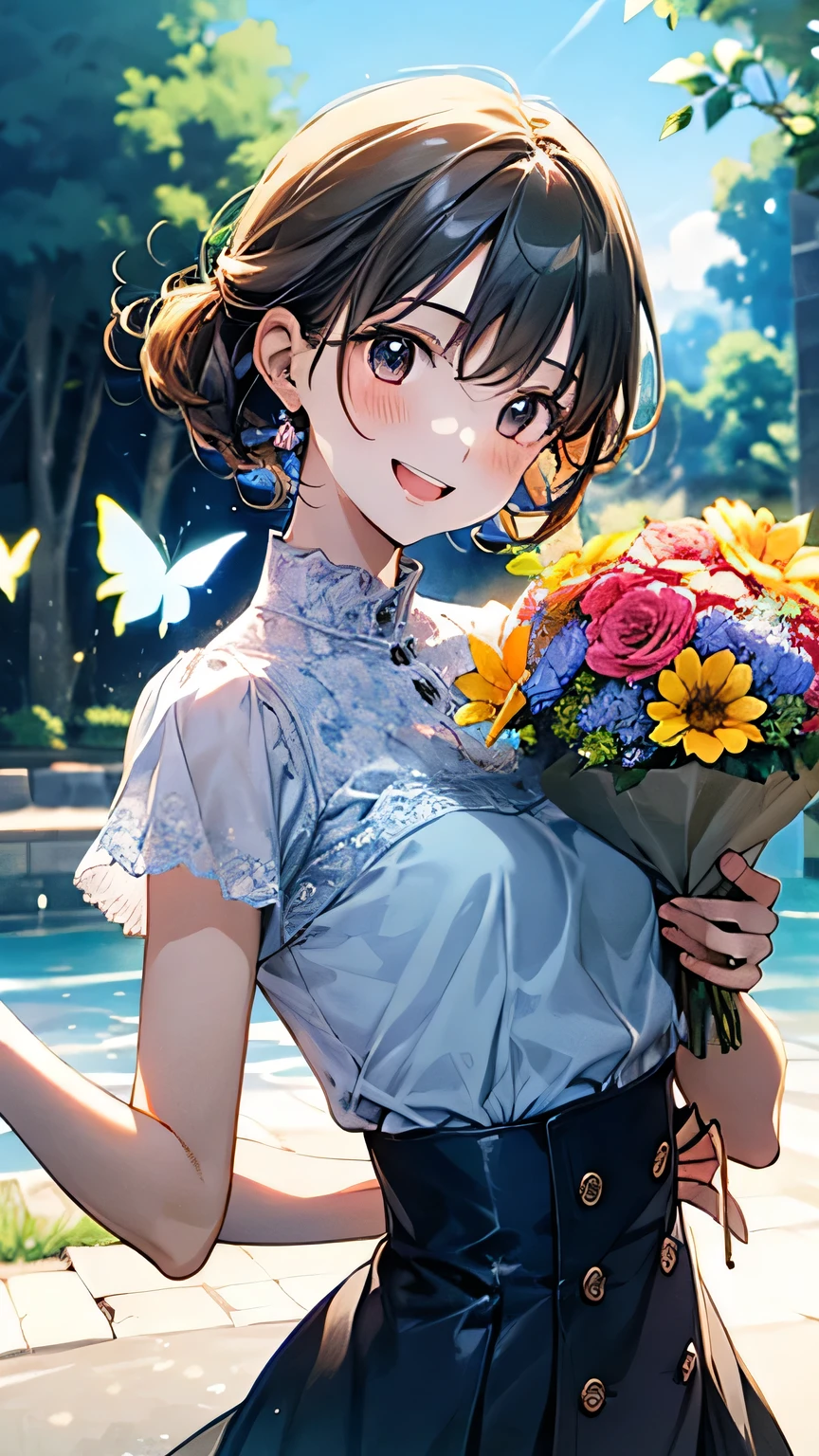 (thin waist,playful pose),soft lighting,romantic,illustration style,flower bouquet,summer sunshine,clear blue sky,butterflies,serene atmosphere,lively atmosphere,whimsical details,joyful expression,warm and vibrant colors,carefree and happy expression.