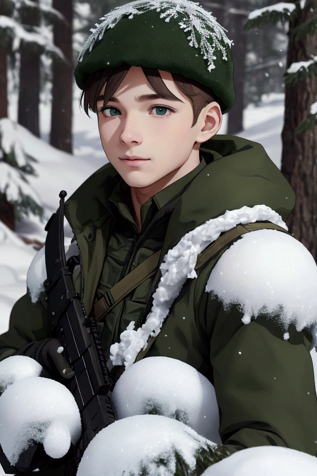 soldier green boy in the forest does not snow alone
