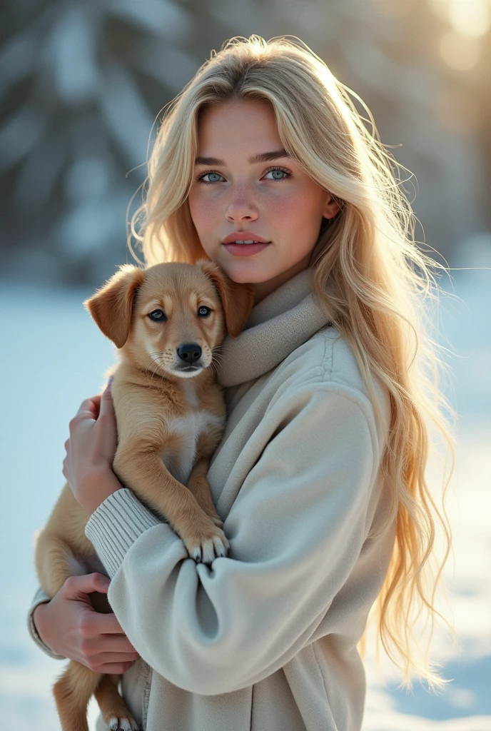 Beautiful girl with long blonde hair, Fine grain, nose, And lips, In the snow、Holding a puppy , A down-to-earth woman who resembles Alisha Lehman