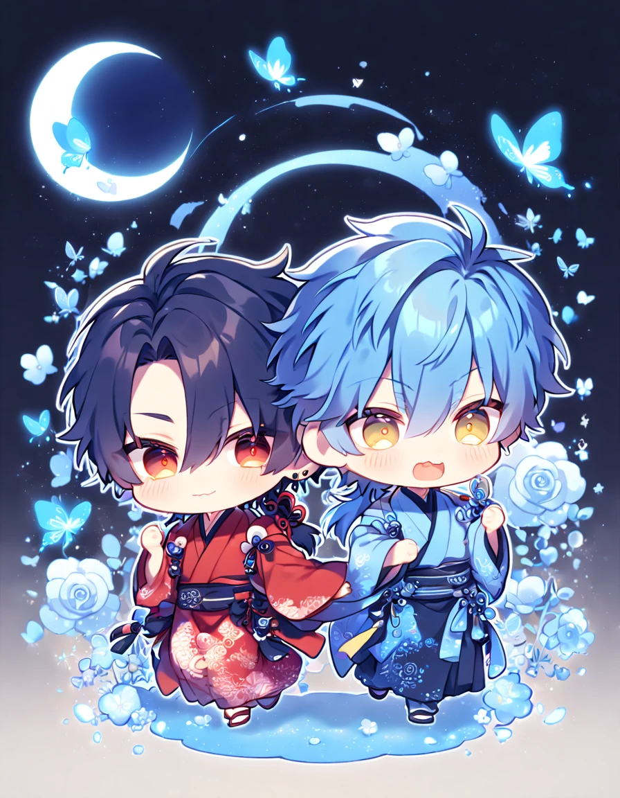 absurdres, highres, ultra detailed, HDR, master piece, best quality, extremely detailed, Koujaku chibi, dark navy hair that is short and a little chopped at the top, has a thick fringe over the right side of his face and keeps the rest tied, expressive red eyes, Dramatical ??????, Seragaki Aoba chibi, blue hair, expressive yellow eyes, two boys together, cute, adorable, yaoi, gay couple, red kimono with patterns, fantasy, magical, blue moon, blue flowers, blue butterflies, blue petals, blossoms, water