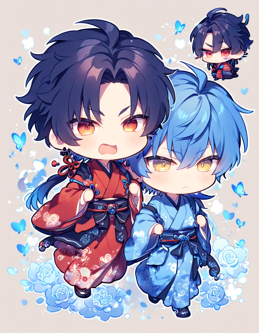 absurdres, highres, ultra detailed, HDR, master piece, best quality, extremely detailed, Koujaku chibi, dark navy hair that is short and a little chopped at the top, has a thick fringe over the right side of his face and keeps the rest tied, expressive red eyes, Dramatical Murder, Seragaki Aoba chibi, blue hair, expressive yellow eyes, two boys together, cute, adorable, yaoi, gay couple, red kimono with patterns, fantasy, magical, blue moon, blue flowers, blue butterflies, blue petals, blossoms, water