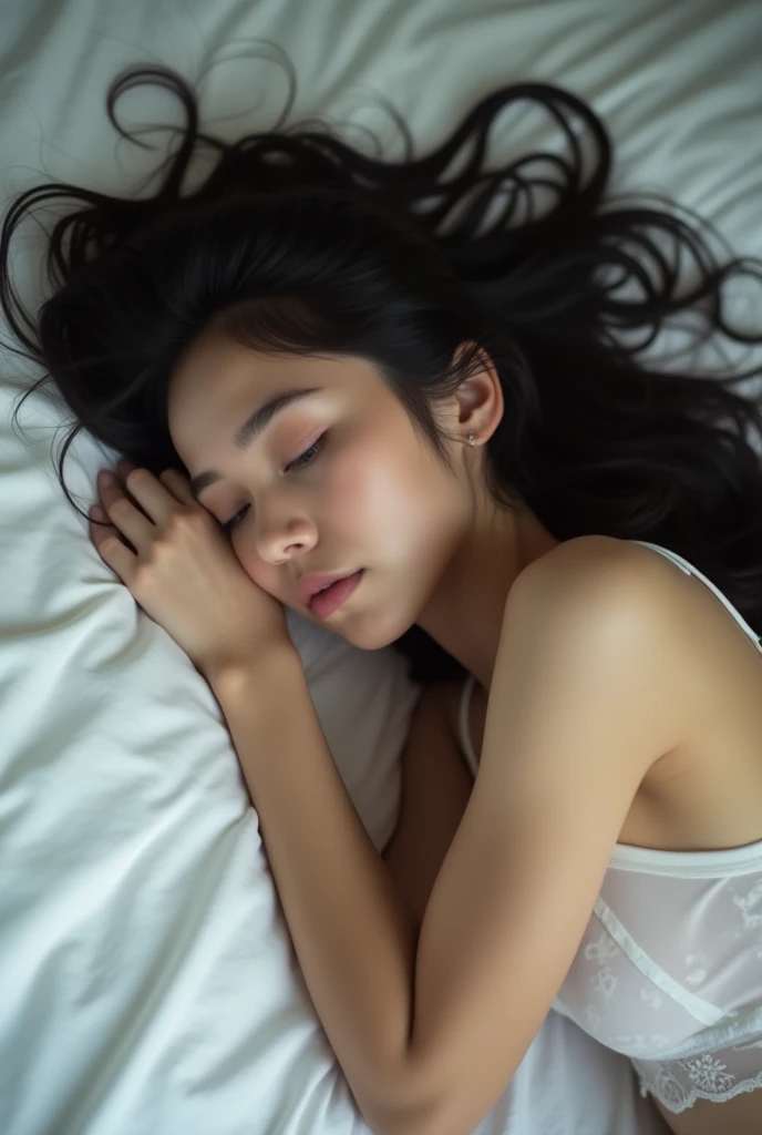 ((The Peeping Tom's Perspective)) A beautiful and young girl.Her facial features are exquisite and fully conform to the golden ratio of human anatomy..She wears a very thin white gauze and white silk sexy lingerie.Lie sideways on the bed in a natural and relaxed posture.Her beautiful figure is looming.Her long, black hair was spread out on the pillow.She slept very relaxedly and sweetly.