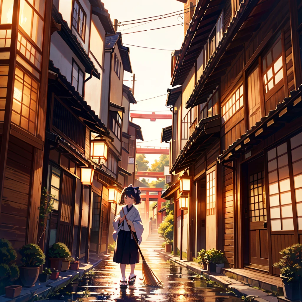 {{{Masterpiece, highest quality, high-resolution background}}}, bright and beautiful atmosphere, 1 girl (, round face, baby face), small breasts, girl sweeping in front of the entrance with a broom, Kyoto-style scenery, Japanese clothes A mini pig wearing geta and holding a broom, "deltamon_sdXL :0.73)>Deltamon"