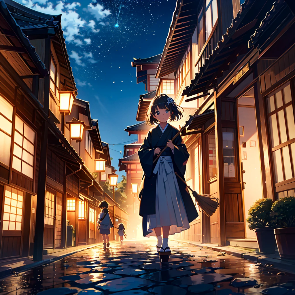 {{{Masterpiece, highest quality, high-resolution background}}}, bright and beautiful atmosphere, 1 girl (, round face, baby face), small breasts, girl sweeping in front of the entrance with a broom, Kyoto-style scenery, Japanese clothes A mini pig wearing geta and holding a broom, "deltamon_sdXL :0.73)>Deltamon"