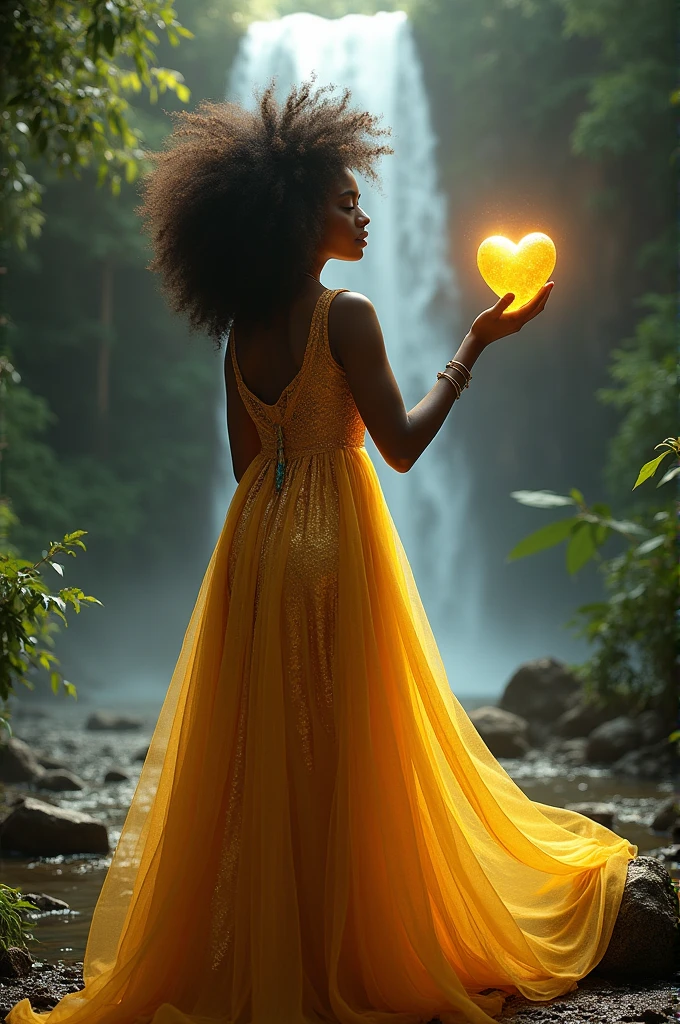 Black woman Orisha, gold dress, curly hair, in a waterfall with a heart in hand