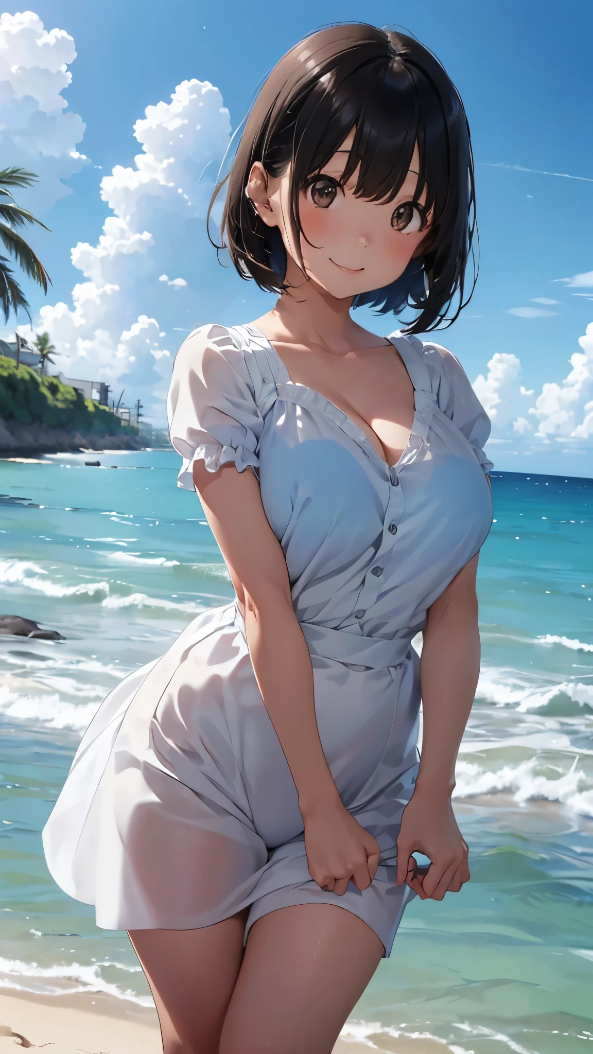 (Cute Smile、Kana Hanazawa、Girl with short black hair、Cute orange hair clip)、((Clothed Big Tits、A white blouse clinging tightly to a dark blue bra、Light blue long flare cart、Pure white cute underwear))、barefoot、barefoot、((Sandy beach, sea and blue sky))、((The face is in focus and the background is blurred、Shallow depth of field))、Realistic、Standing posture、((Moderately large breasts、Closer valley))