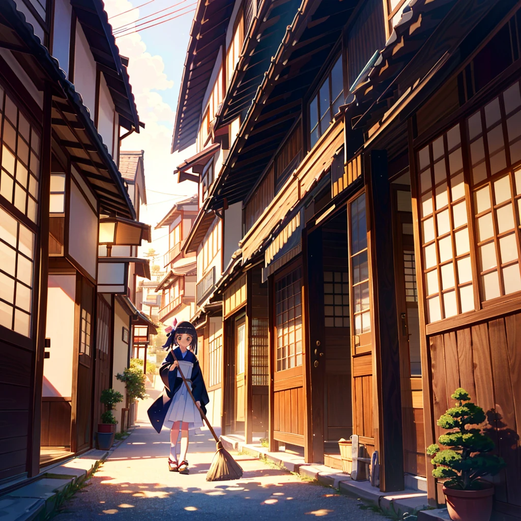 {{{Masterpiece, highest quality, high-resolution background}}}, bright and beautiful atmosphere, 1 girl (7 years old, round face, baby face), small breasts, girl sweeping in front of the entrance with a broom, Kyoto-style scenery, Japanese clothes A mini pig wearing geta and holding a broom, "deltamon_sdXL :0.73)>Deltamon"