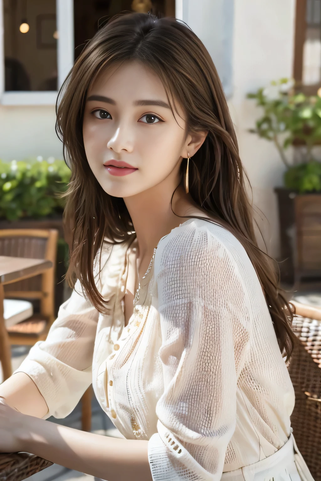 masterpiece, Highest quality, Realistic, Very detailed, Finer details, High resolution, 8k wallpaper, One beautiful woman,Wear a nice blouse, On the terrace of a lovely cafe, at noon, Light brown messy hair, Perfect dynamic composition, Beautiful and beautiful eyes、Big earrings、