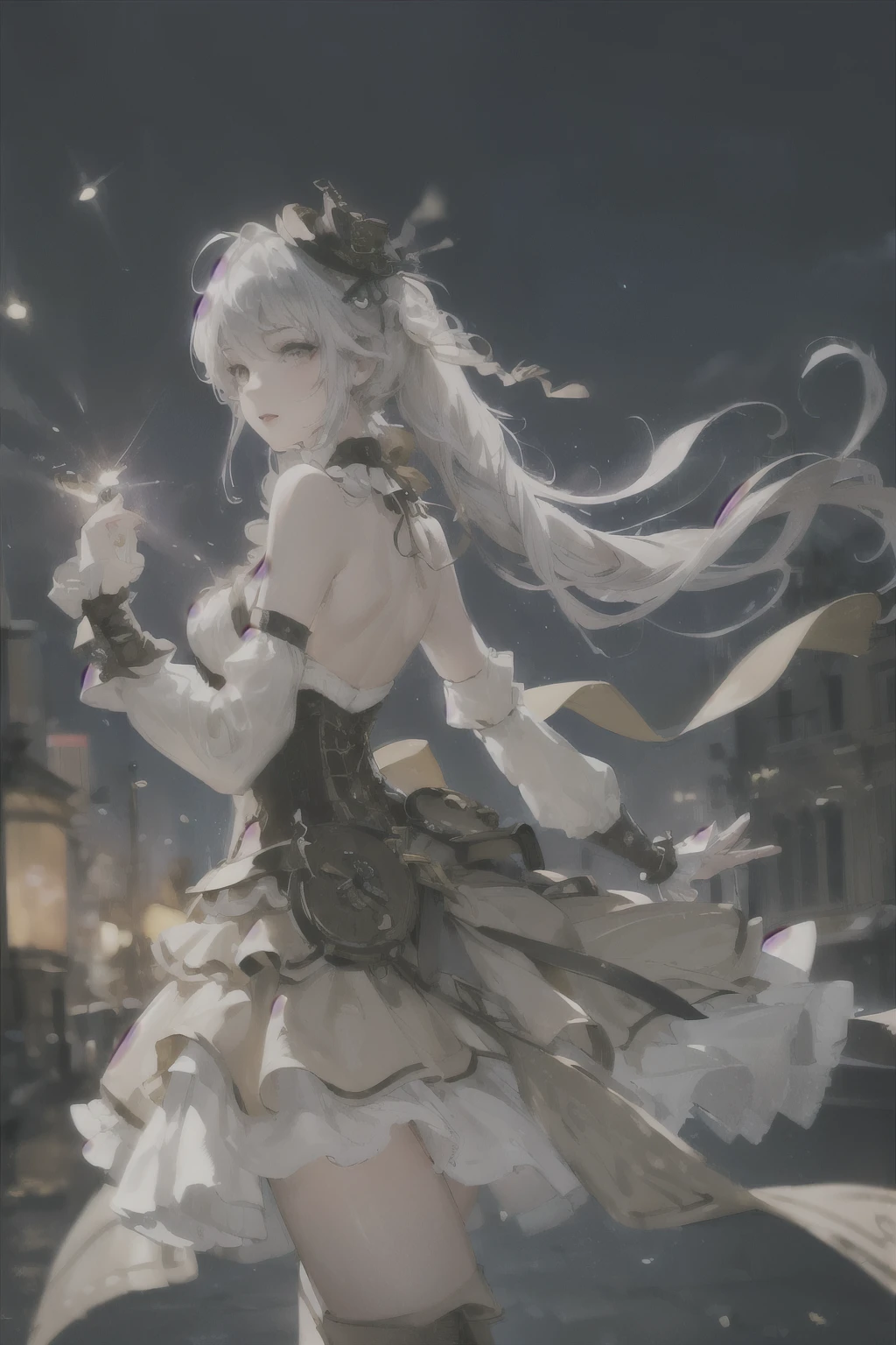 ((steampunk:1.5))(Background: London at night))((alone、A woman wearing a long halter dress、Elegant woman posing:1.4、Detailed face、Bright expression、Younger, brighter, whiter skin、Best Looks、The ultimate beauty、Silver hair with dazzling highlights、Shiny bright hair,、arranged hairstyle:1.2、hair dancing in the wind、Backlight,A little bit of sideboob is visible)),cyb dress, layered dress, frilled dress, frills, corset,sideboob, long sleeves, hat, knee boots