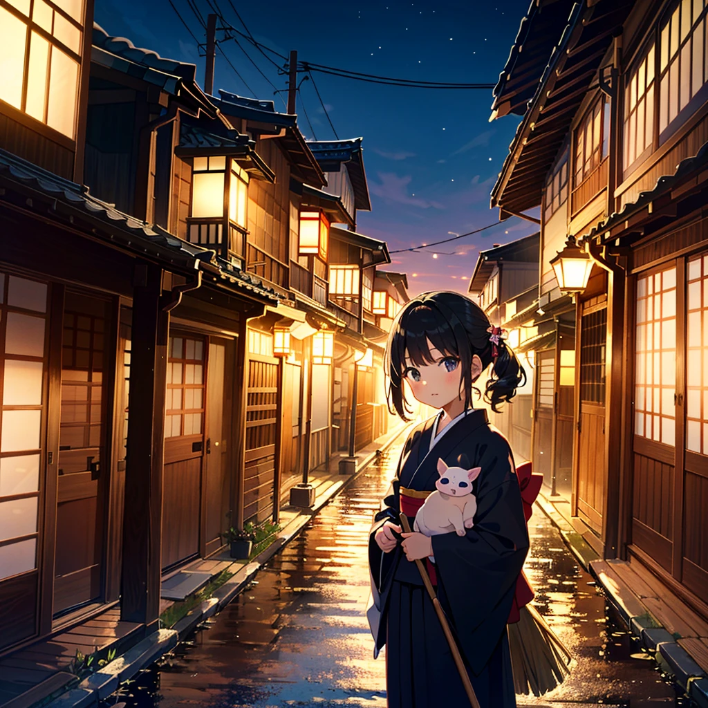 {{{Masterpiece, highest quality, high-resolution background}}}, bright and beautiful atmosphere, 1 girl (7 years old, round face, baby face), small breasts, girl sweeping in front of the entrance with a broom, Kyoto-style scenery, Japanese clothes A mini pig wearing geta and holding a broom, "deltamon_sdXL :0.73)>Deltamon"