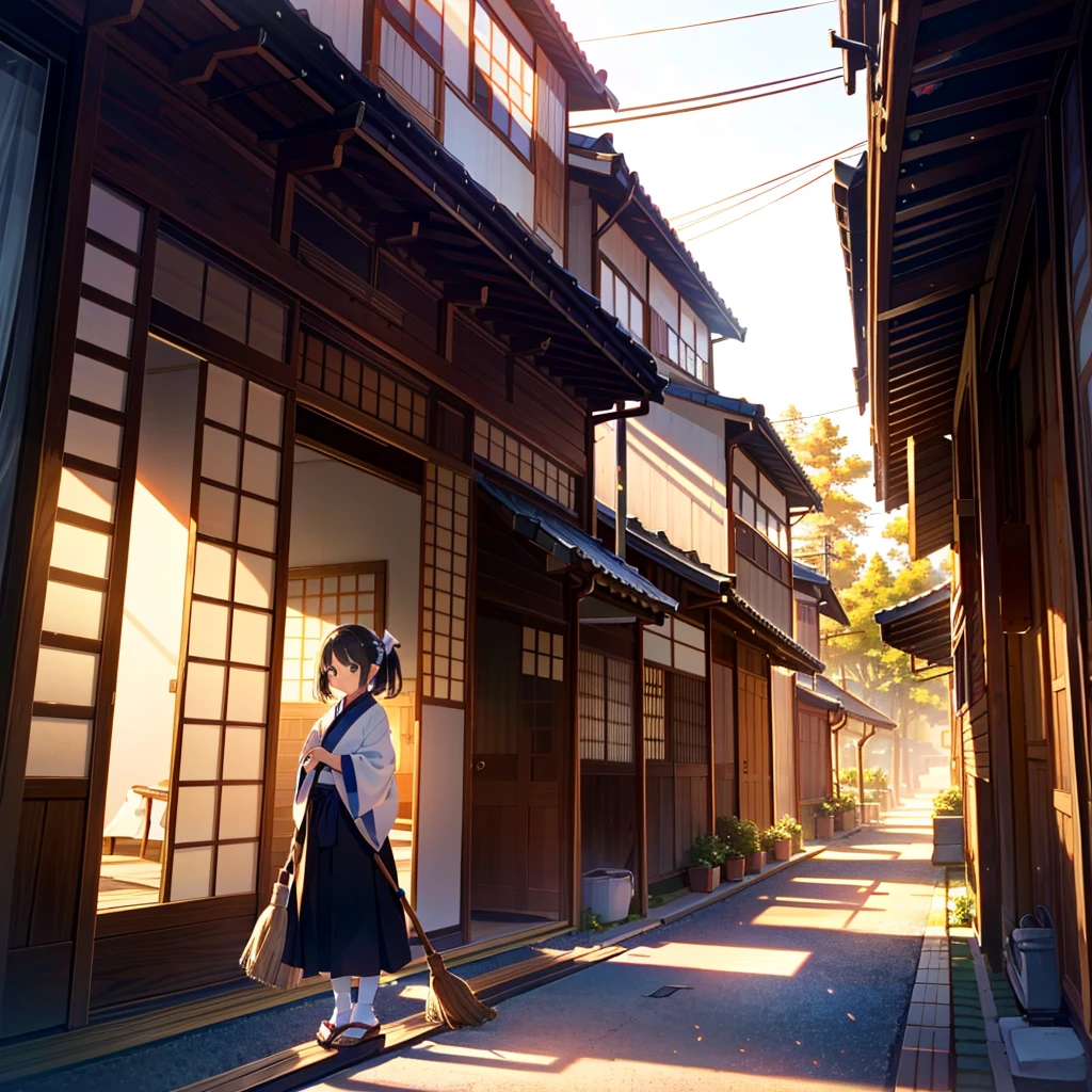 {{{Masterpiece, highest quality, high-resolution background}}}, bright and beautiful atmosphere, 1 girl (7 , round face, baby facebreasts, girl sweeping in front of the entrance with a broom, Kyoto-style scenery, Japanese clothes A mini pig wearing geta and holding a broom, "deltamon_sdXL :0.73)>Deltamon"