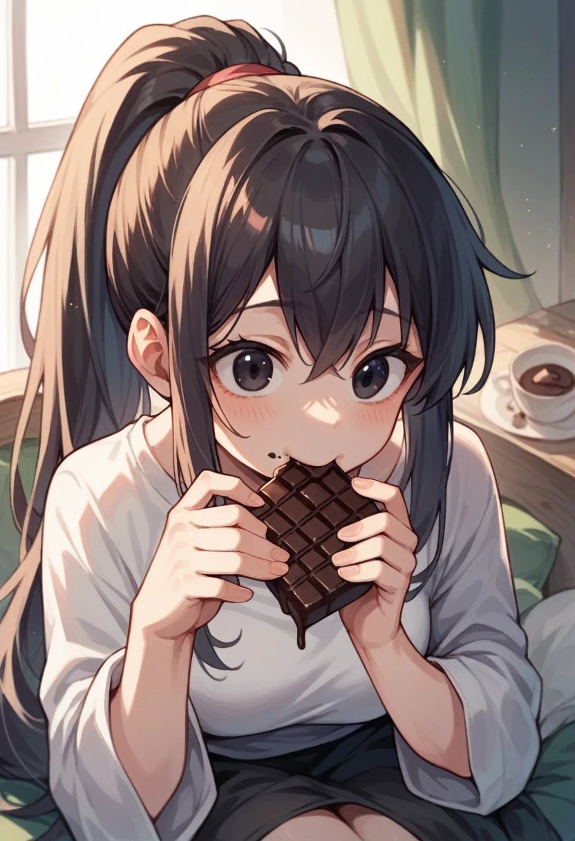 Anime girl eating chocolate with black long ponytail hair and black eyes and cute stuff 