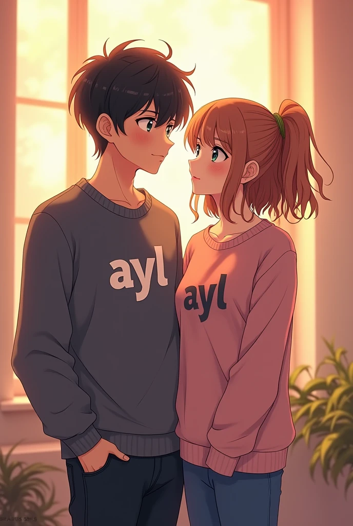 Anime couple with a sweatshirt and on the sweatshirt the letter ayl