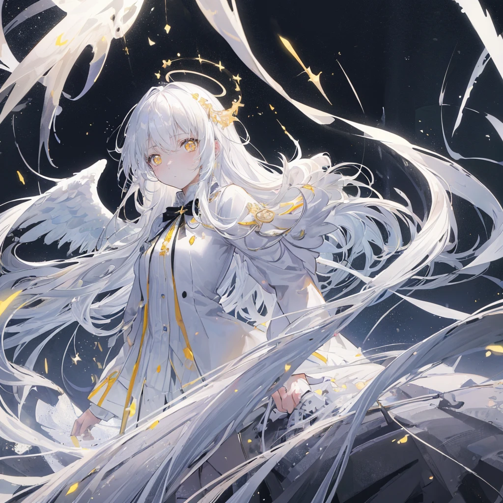(masterpiece, best quality:1.3), (Extremely detailed:1.3), 1 Girl, Solitary, (White hair, Messy hair, Long hair), (Angel Wings, Angel Halo), flat chest, Yellow eyes, (White shirt, Black tie, Black coat, Open coat), Cowboy shooting, Movie Lighting, (((Glowing light particles))), (Put your hands behind your back), Dynamic Angle,