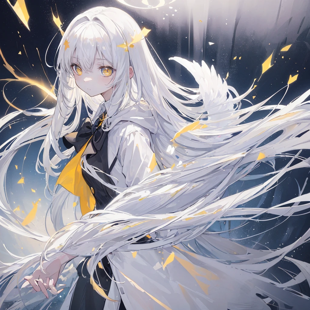 (masterpiece, best quality:1.3), (Extremely detailed:1.3), 1 Girl, Solitary, (White hair, Messy hair, Long hair), (Angel Wings, Angel Halo), flat chest, Yellow eyes, (White shirt, Black tie, Black coat, Open coat), Cowboy shooting, Movie Lighting, (((Glowing light particles))), (Put your hands behind your back), Dynamic Angle,