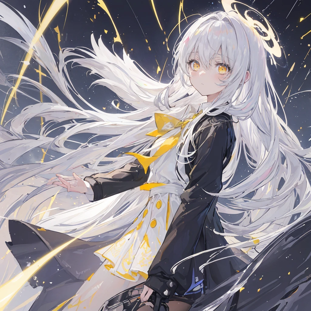 (masterpiece, best quality:1.3), (Extremely detailed:1.3), 1 Girl, Solitary, (White hair, Messy hair, Long hair), (Angel Wings, Angel Halo), flat chest, Yellow eyes, (White shirt, Black tie, Black coat, Open coat), Cowboy shooting, Movie Lighting, (((Glowing light particles))), (Put your hands behind your back), Dynamic Angle,