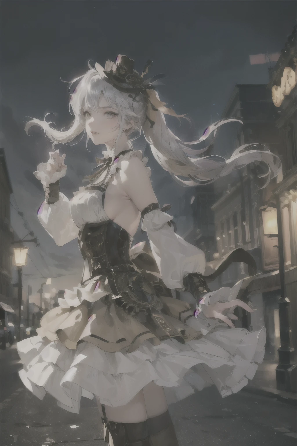 ((steampunk:1.5))(Background: London at night))((alone、A woman wearing a long halter dress、Elegant woman posing:1.4、Detailed face、Bright expression、Younger, brighter, whiter skin、Best Looks、The ultimate beauty、Silver hair with dazzling highlights、Shiny bright hair,、arranged hairstyle:1.2、hair dancing in the wind、Backlight,A little bit of sideboob is visible)),cyb dress, layered dress, frilled dress, frills, corset,sideboob, long sleeves, hat, knee boots