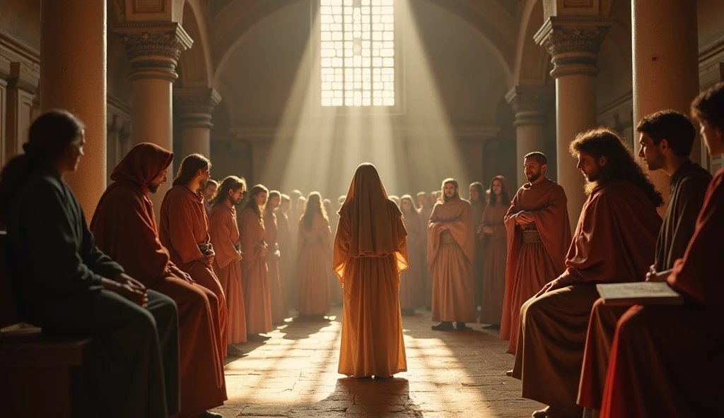 A scene of young Mary in the temple, listening and learning from the wise. The environment is rich in architectural details, with natural light coming in through the windows, symbolizing wisdom and the search for knowledge.