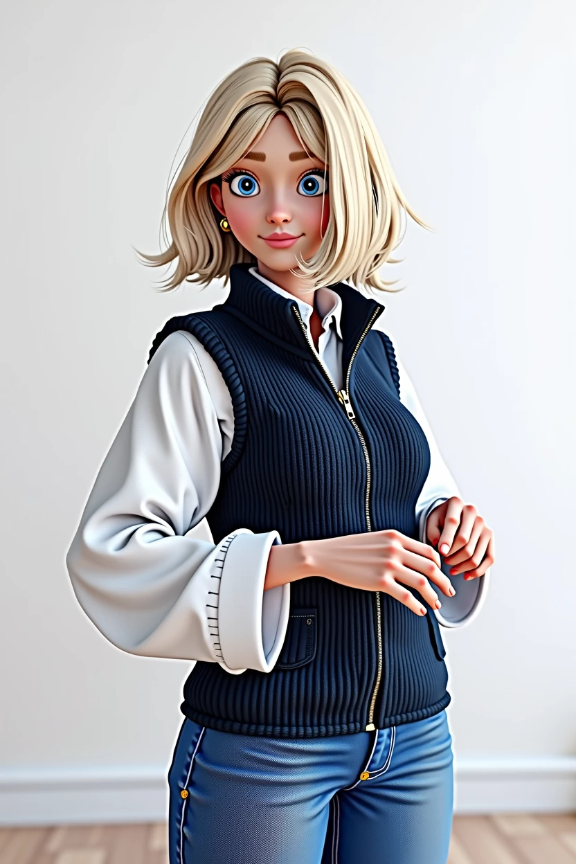 cartoon character, blonde bob hair with bangs, white sleeve shirt, with navy blue vest, animation character, stylized character, animation style rendering, 3d stylized, Arnold Maya rendering, Stylized 3D rendering, toon render screenshot, 3d character, 3d character, Stylized 3D rendering, 3D character rendering, cartoon character, Personagem de close up, character posing, (Pixar-style) (master part:1.2) (bokeh) (best qualityer) (skin detailed) (detailed texture) (8k) (Argilla) (cinematic lighting) (sharp focus