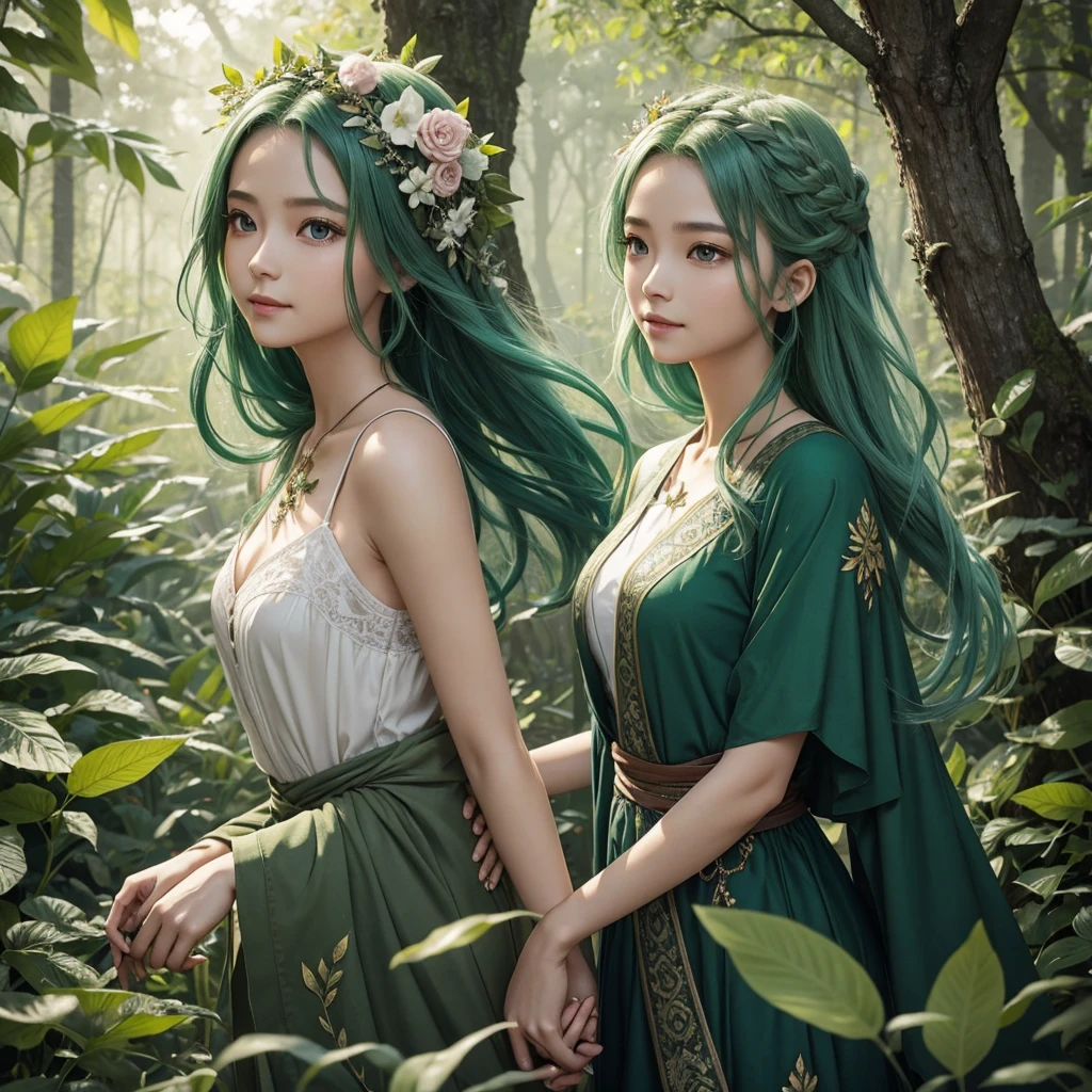"A Leaf Fairy, a mystical creature connected deeply with nature and the wind. She has flowing green hair, delicate wings resembling leaves and flowers, and eyes that exude the vitality of nature. Though she appears to be in her early 20s, her true age is unknown, adding to her enigmatic aura. She is dressed in modest, plant-based clothing that emphasizes her close bond with the earth. Her expression is always gentle and calm, with a motherly smile that radiates warmth and serenity. New Leaf Fairies emerge from the ancient trees and fertile ground within lush forests, continuing the cycle of life in harmony with the natural world."