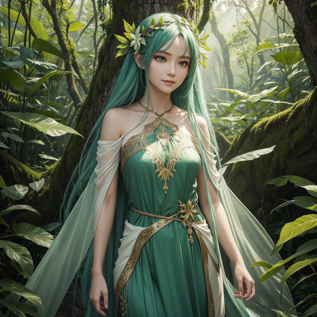 "A Leaf Fairy, a mystical creature connected deeply with nature and the wind. She has flowing green hair, delicate wings resembling leaves and flowers, and eyes that exude the vitality of nature. Though she appears to be in her early 20s, her true age is unknown, adding to her enigmatic aura. She is dressed in modest, plant-based clothing that emphasizes her close bond with the earth. Her expression is always gentle and calm, with a motherly smile that radiates warmth and serenity. New Leaf Fairies emerge from the ancient trees and fertile ground within lush forests, continuing the cycle of life in harmony with the natural world."