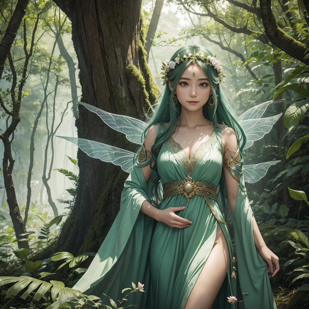 "A Leaf Fairy, a mystical creature connected deeply with nature and the wind. She has flowing green hair, delicate wings resembling leaves and flowers, and eyes that exude the vitality of nature. Though she appears to be in her early 20s, her true age is unknown, adding to her enigmatic aura. She is dressed in modest, plant-based clothing that emphasizes her close bond with the earth. Her expression is always gentle and calm, with a motherly smile that radiates warmth and serenity. New Leaf Fairies emerge from the ancient trees and fertile ground within lush forests, continuing the cycle of life in harmony with the natural world."